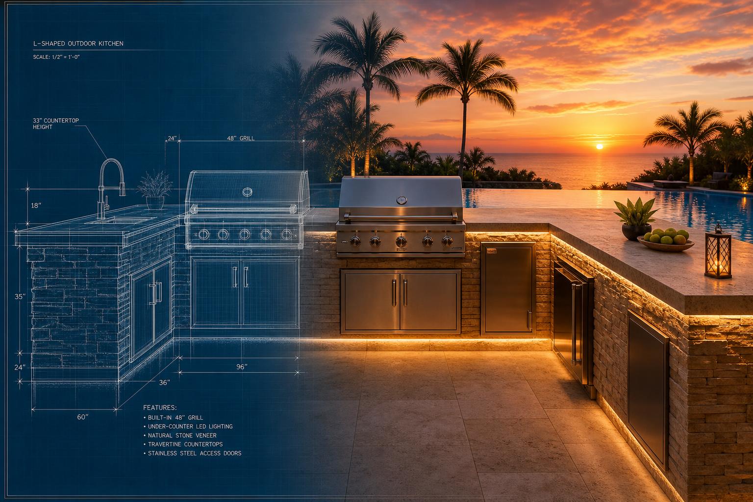 Outdoor kitchen blueprint transitioning into a finished build with pool at sunset